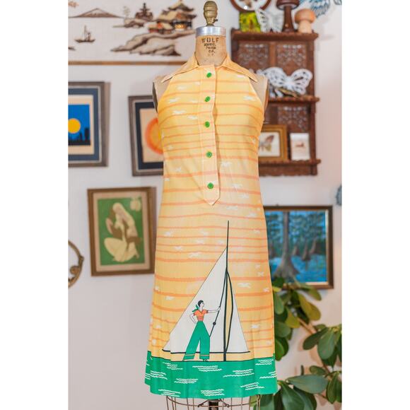 Vintage 60s Sailor Novelty Dress, Yellow Striped Sundress Sailboat Seagulls XS - Picture 10 of 15
